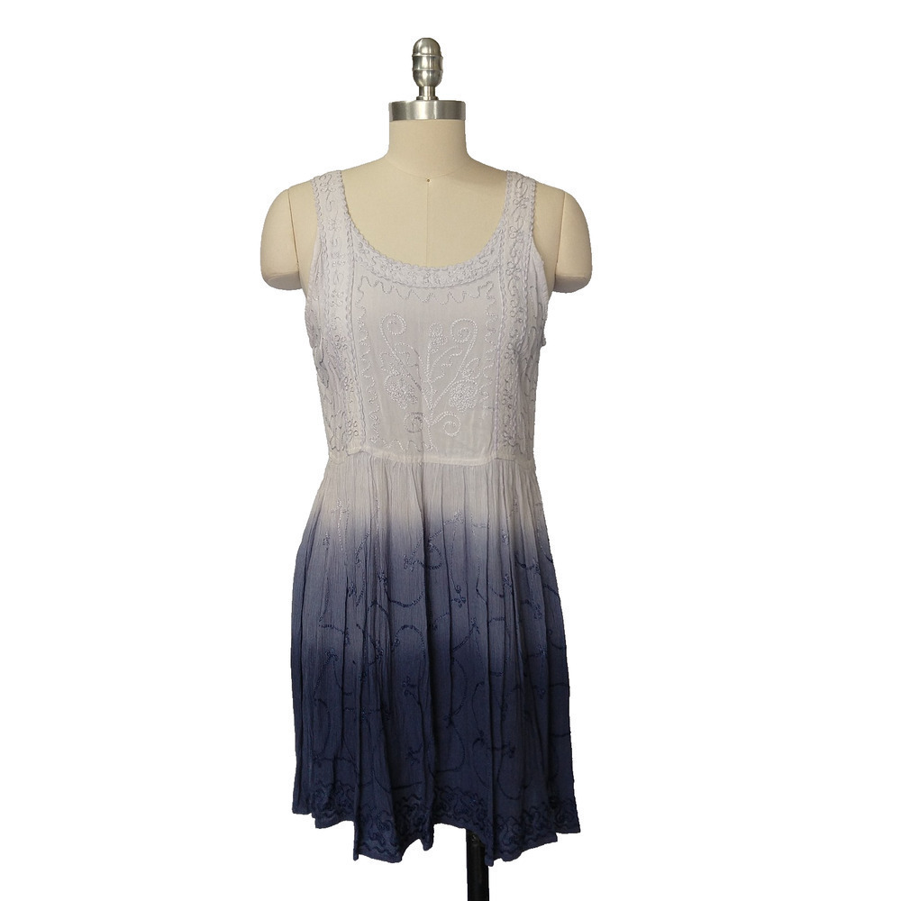 Vintage 90s Whimsygoth Ombre Dress Size S Blue Embroidered Crinkle Skirt READ